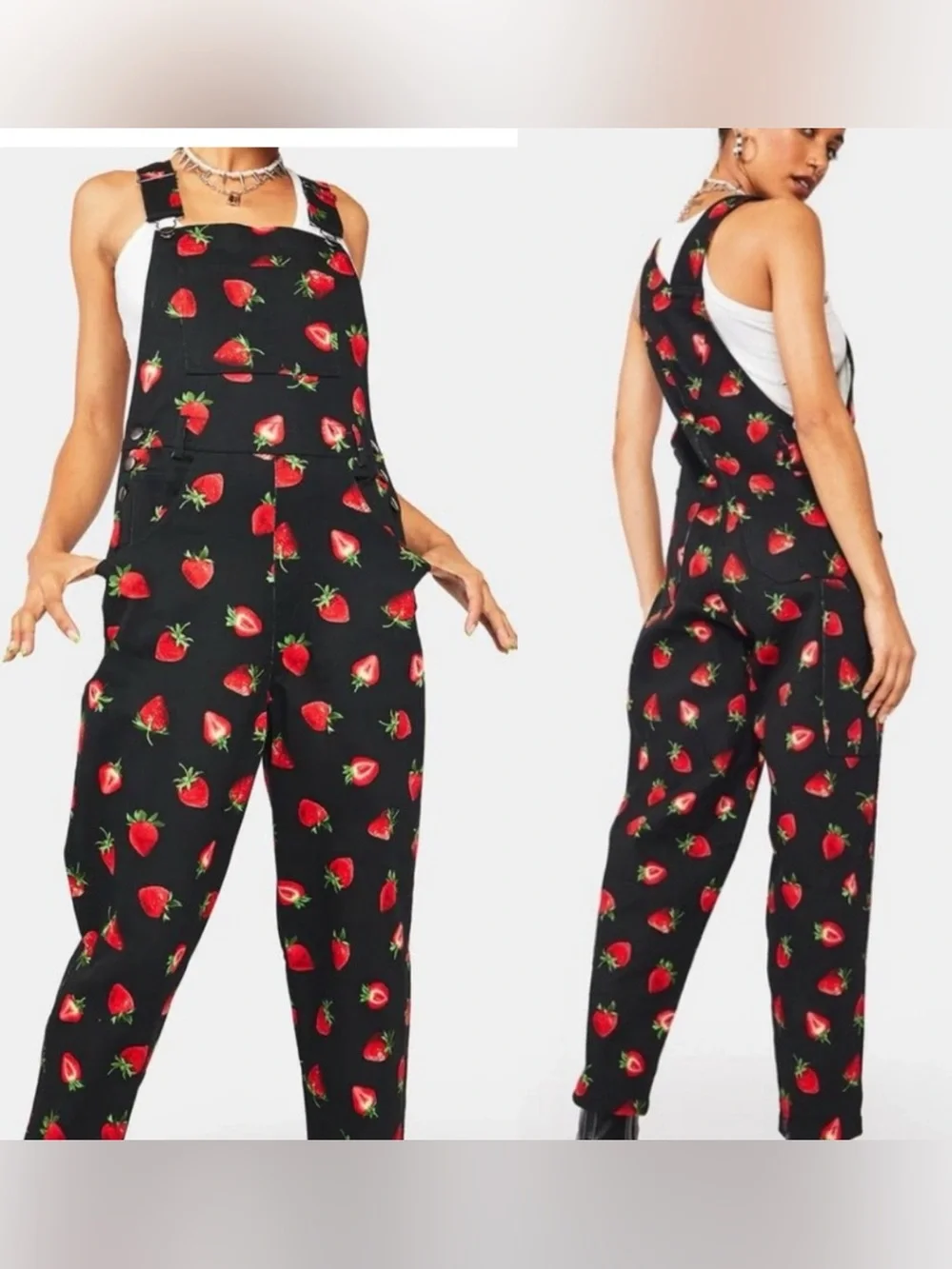 Dangerfield Women's Size 8 Strawberry Drill Tapered Leg Cargo Pocket Overalls - Picture 2 of 8